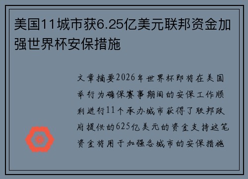 美国11城市获6.25亿美元联邦资金加强世界杯安保措施 美国11城市获6.25亿美元联邦资金加强世界杯安保措施
