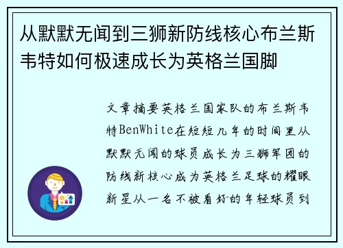从默默无闻到三狮新防线核心布兰斯韦特如何极速成长为英格兰国脚