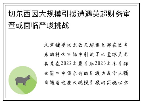 切尔西因大规模引援遭遇英超财务审查或面临严峻挑战 切尔西因大规模引援遭遇英超财务审查或面临严峻挑战